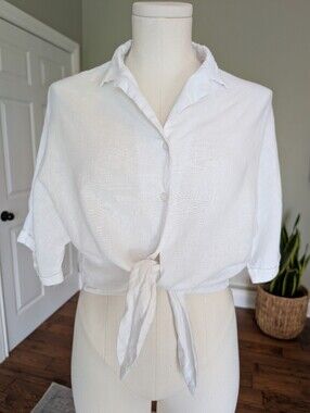 Harlow Linen Cotton Tie Front Cropped Top Dolman Sleeve White Size SP